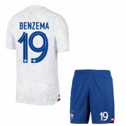 Günstige Frankreich Kinder Fußball Trikotsatz WM 2022 Karim Benzema 19 Auswärtstrikot..